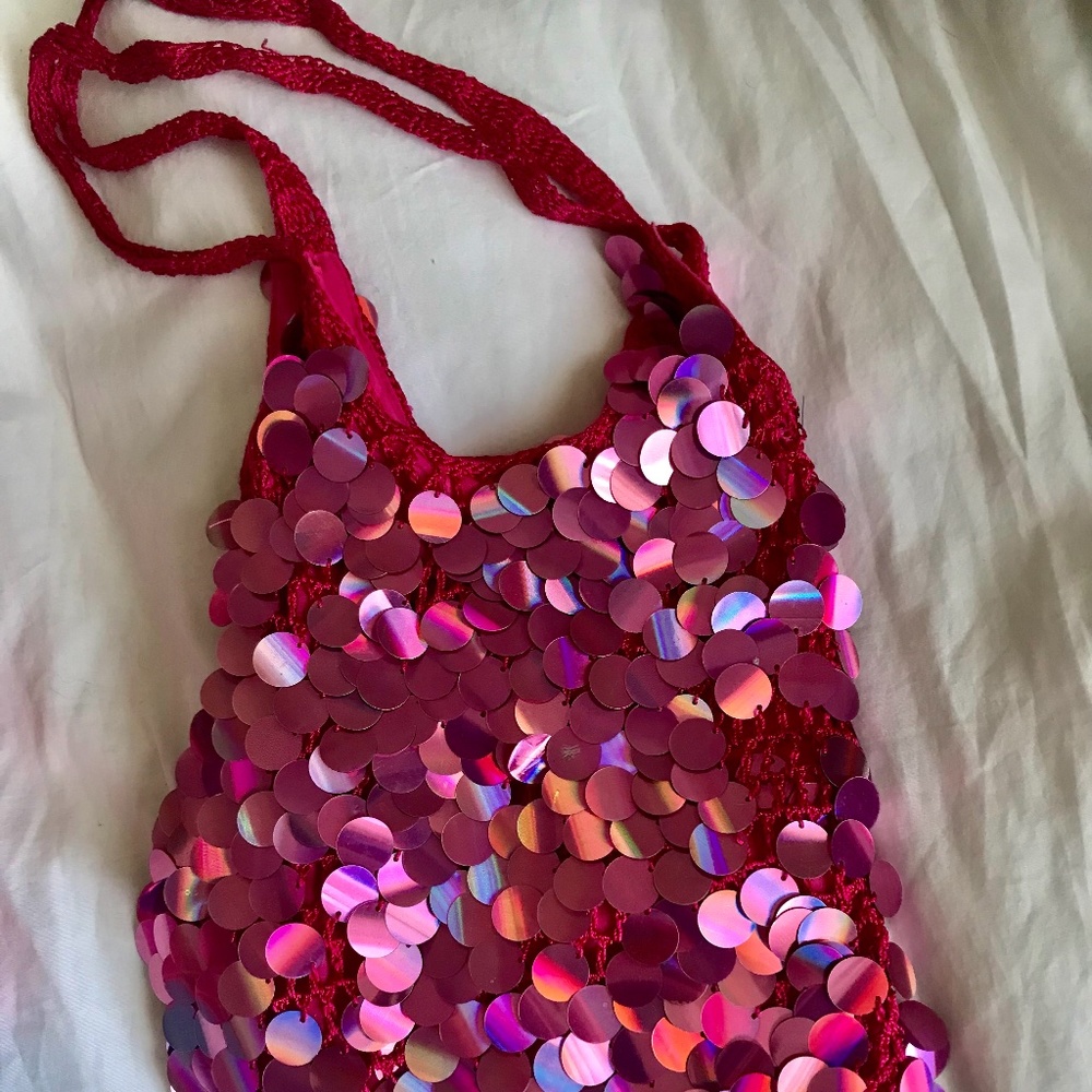 Fun handmade pink mesh sequined bag